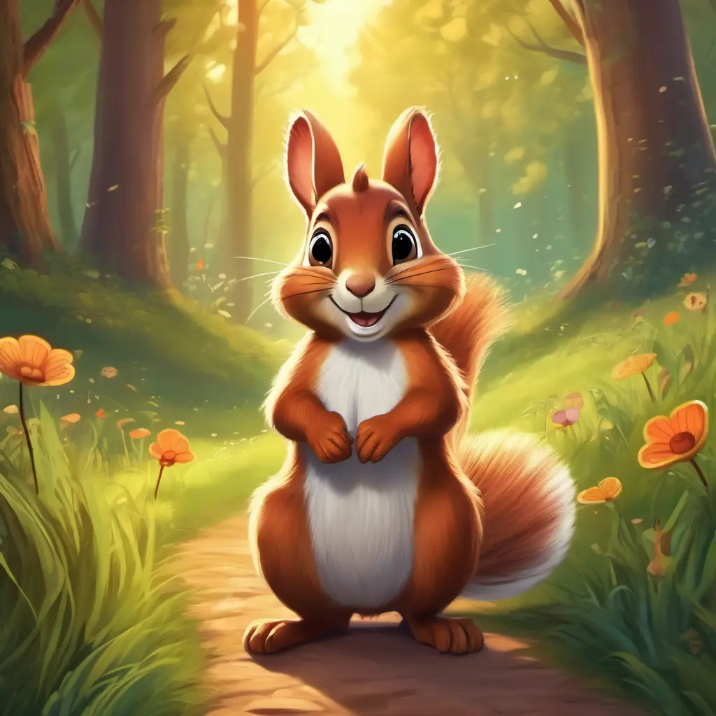 Meeting a friendly squirrel, path to the magical meadow in the forest setting.