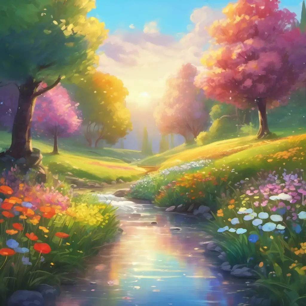 Exploring the magical meadow, colorful flowers, bubbling brook, and happiness of the friends.