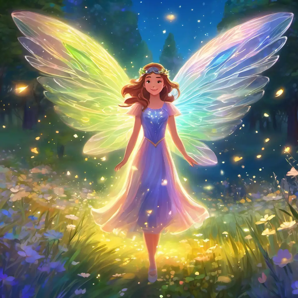 Meeting Glowing, shimmering wings, sparkly dress, kind eyes, magical aura, the glowing fairy with shimmering wings in the magical meadow setting.