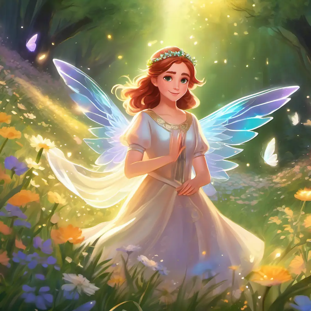 Introducing Glowing, shimmering wings, sparkly dress, kind eyes, magical aura, her request for help, and the friends' willingness to assist in the magical meadow.