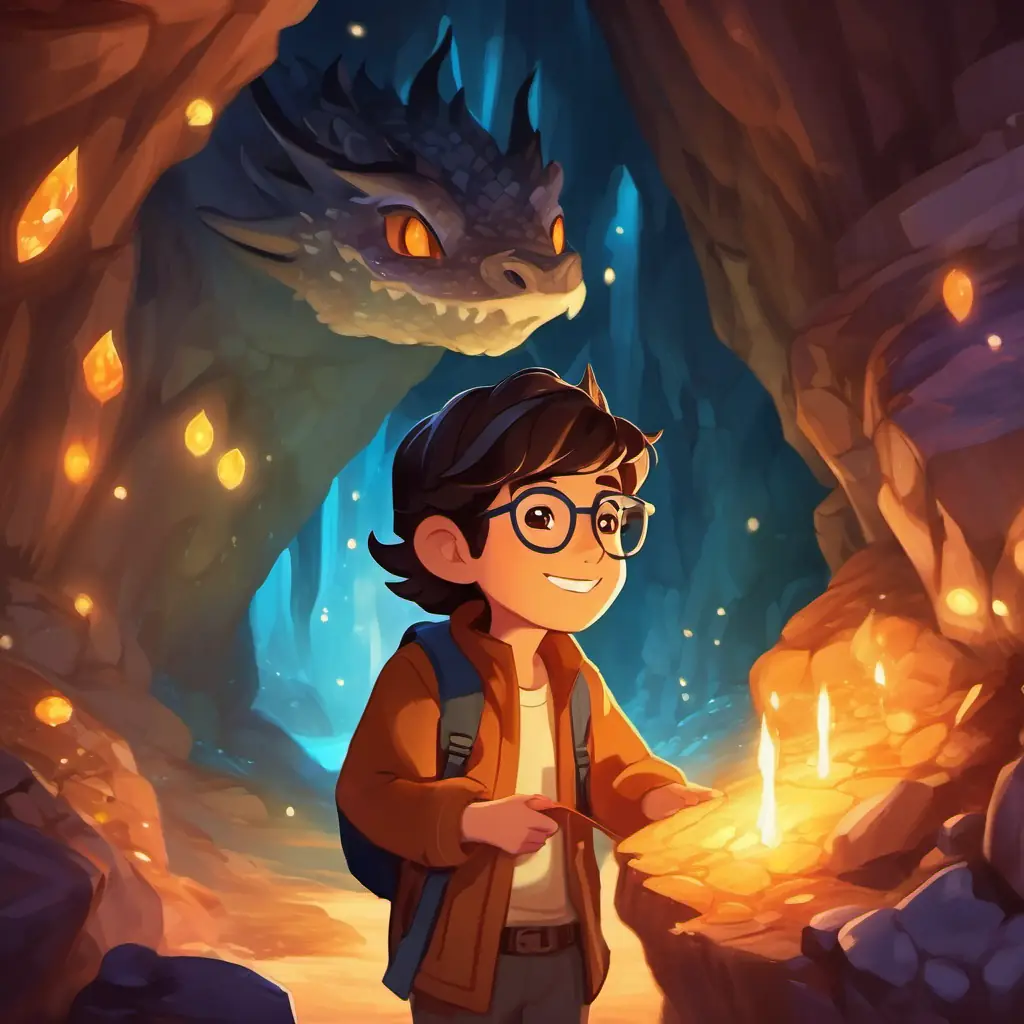 Adventure in the sparkly caves, following dragon's cries, Dark-haired, glasses, light skin, brown eyes, warm smile leading the way.