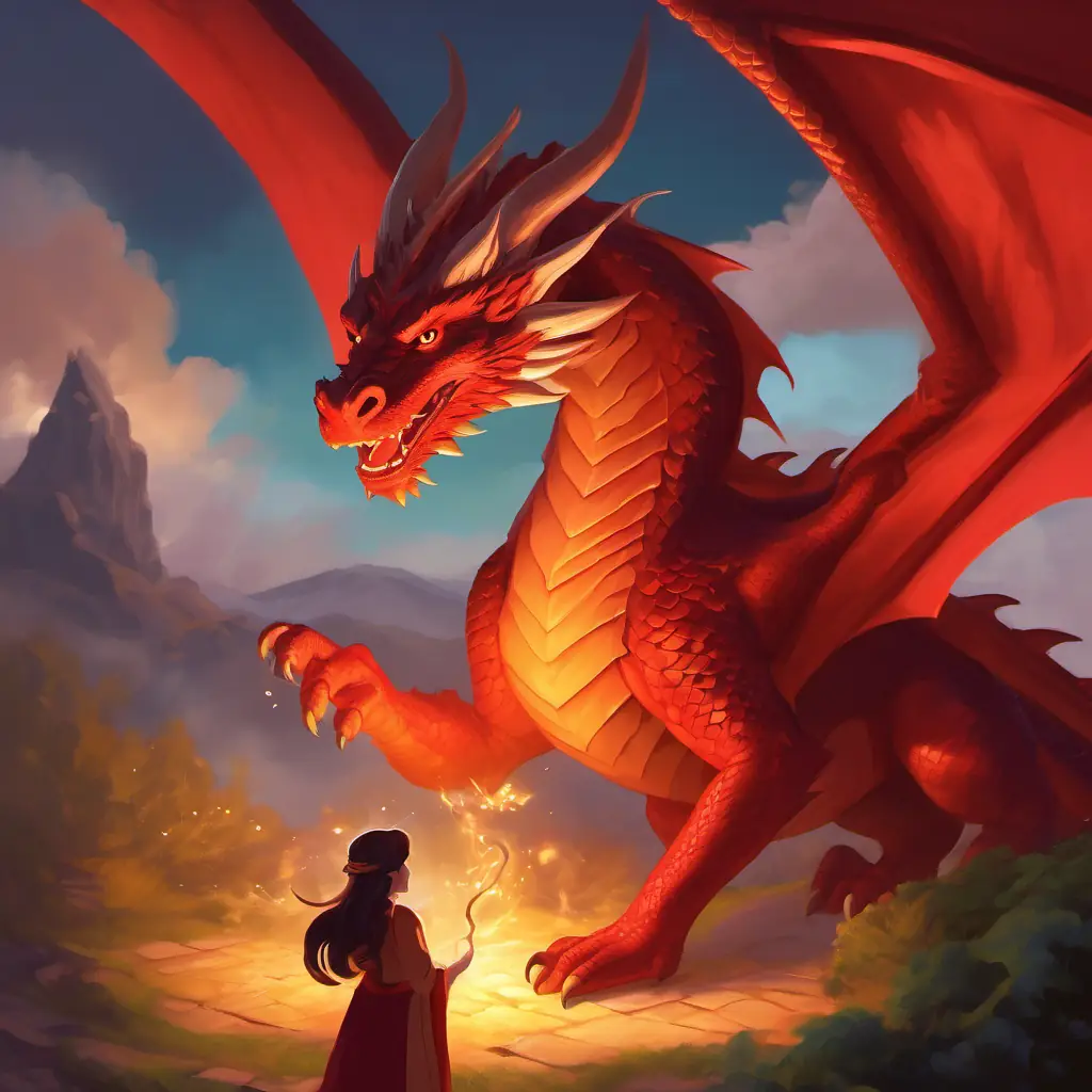 Meeting Giant red dragon, protective eyes, gentle expression, powerful presence, the dragon's mother, receiving a spell for flying, and the amazing conclusion of the adventure.