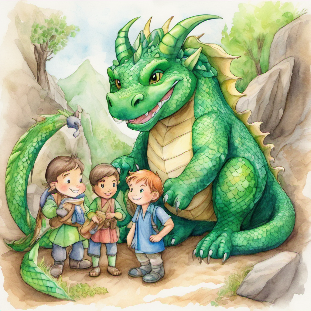 Friendly dragon with green scales and kind eyes rescuing a lost kitten and villagers thanking him