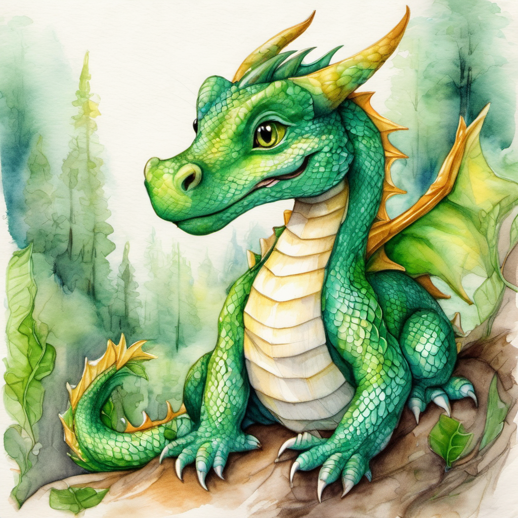 Friendly dragon with green scales and kind eyes helping animals and communicating with empathy