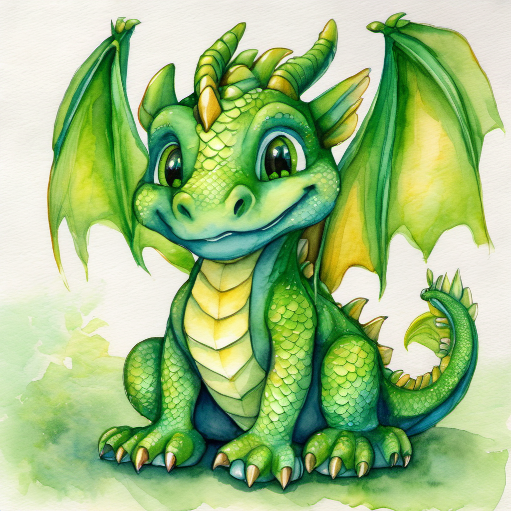 Friendly dragon with green scales and kind eyes listening and promoting peaceful resolution among dragons