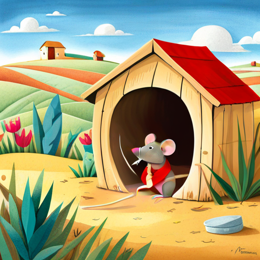 A small and timid mouse, brown fur, wearing a red scarf looking out of his mouse hole excitedly, surrounded by his cozy little village