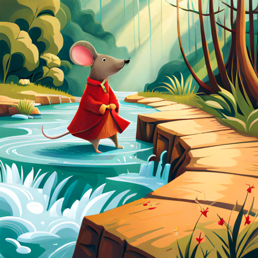 A small and timid mouse, brown fur, wearing a red scarf fearfully crossing a stream, but with determination shining from his eyes