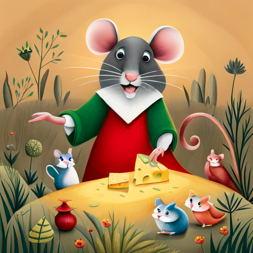 A small and timid mouse, brown fur, wearing a red scarf triumphantly holding a small piece of golden cheese, surrounded by the grateful mice of his village