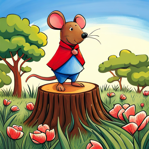 A small and timid mouse, brown fur, wearing a red scarf standing on a stump, telling stories to a crowd of mice, with a confident smile on his face