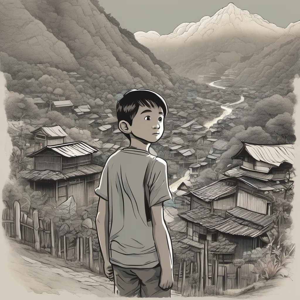 A small village nestled in the mountains of Northern Thailand with a boy named A curious and adventurous boy from a small mountain village in Northern Thailand looking sadly at the gray, dusty air.