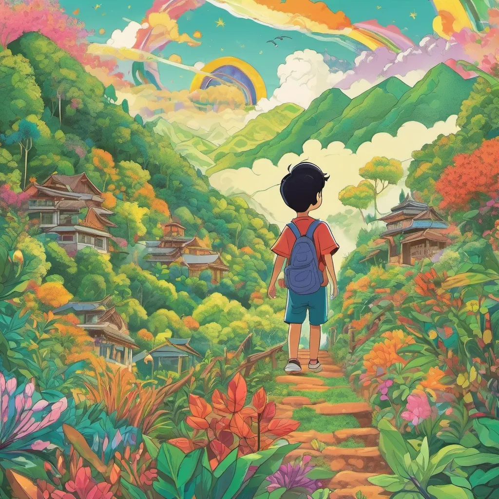 A curious and adventurous boy from a small mountain village in Northern Thailand falling into a lush and vibrant Wonderland, with sparkling skies and colorful plants all around.