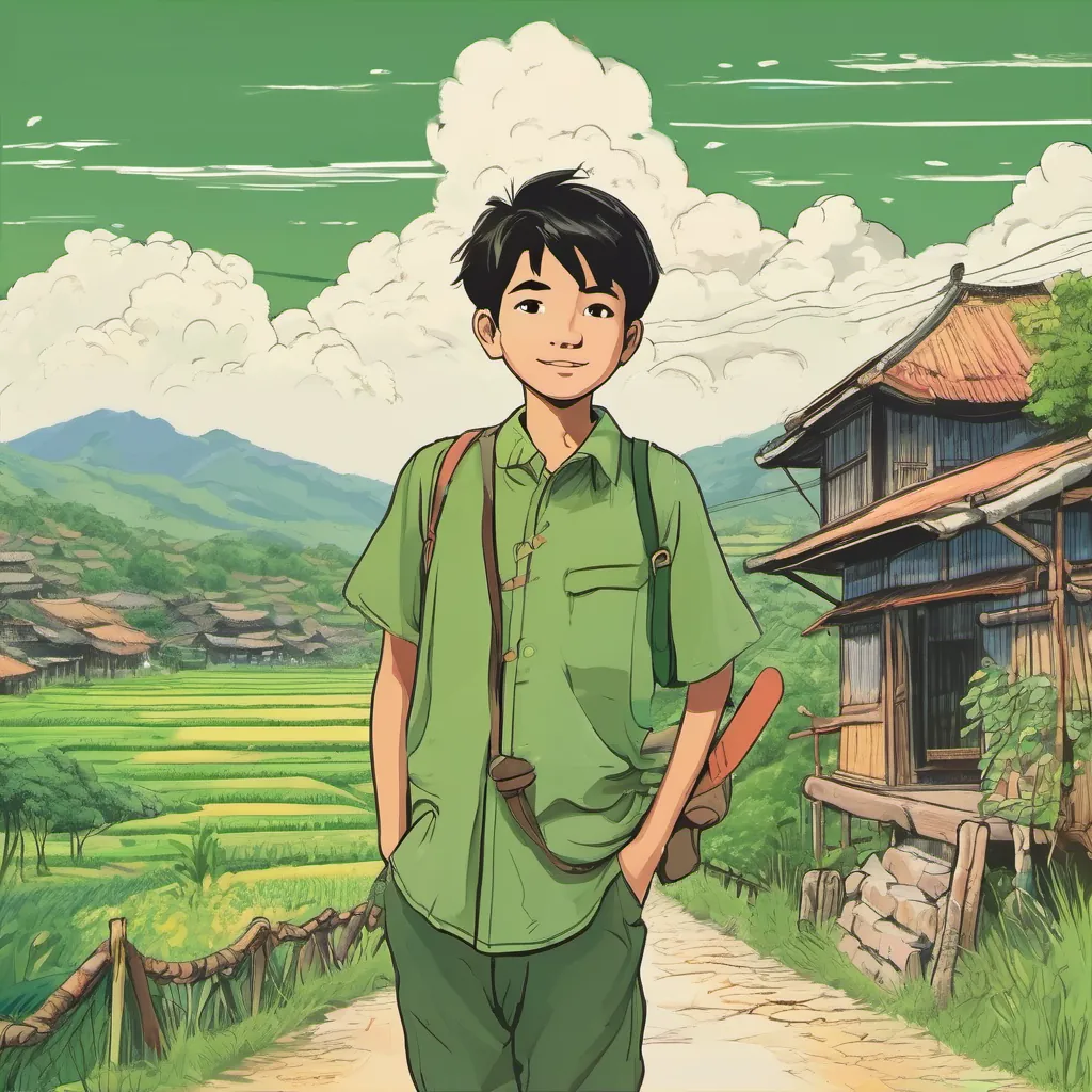 A curious and adventurous boy from a small mountain village in Northern Thailand standing proudly in his village, with clear skies above and green fields around.