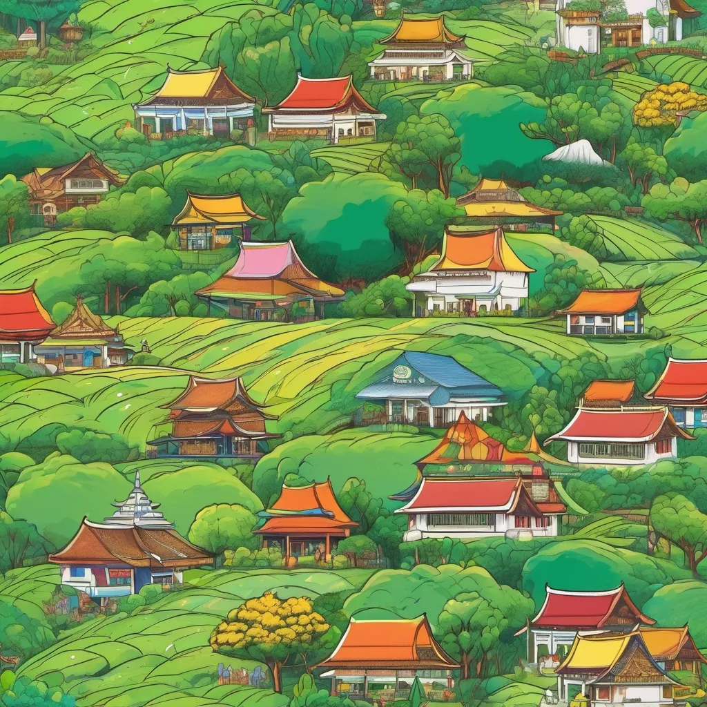 A peaceful village in Northern Thailand with clear skies, green fields, and happy people living in harmony.