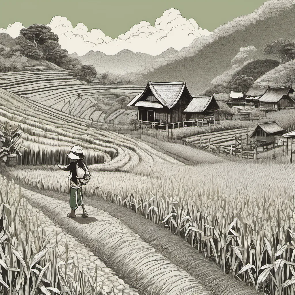 Smiling, animated corn and rice plants greeting A curious and adventurous boy from a small mountain village in Northern Thailand with open arms in a pristine, vibrant field.