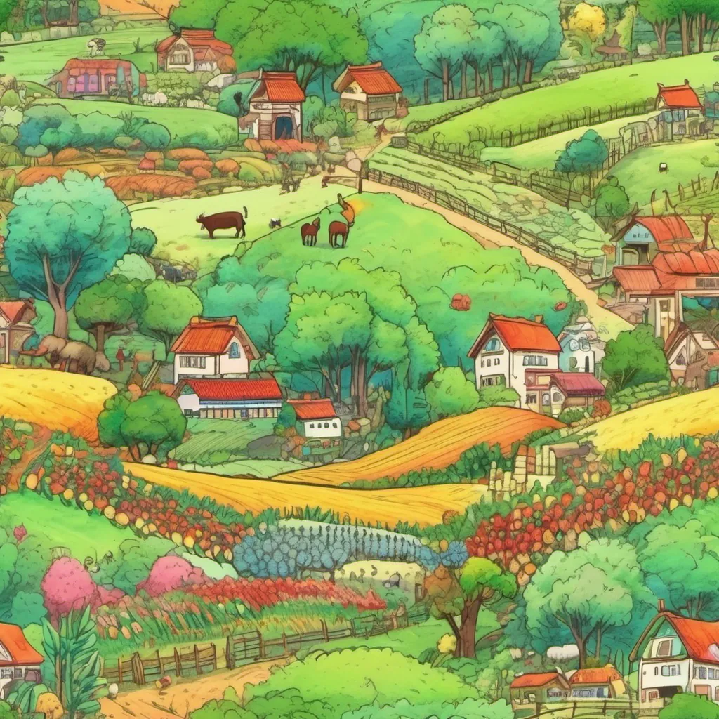 Beautiful scenes of farming with colorful plants and animals, no sign of burning or pollution.