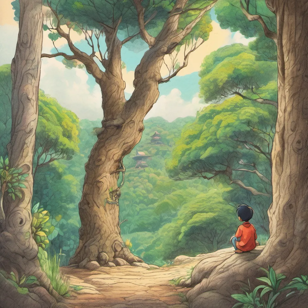 A wise old tree speaking gently to A curious and adventurous boy from a small mountain village in Northern Thailand, with wise eyes and a serene expression.