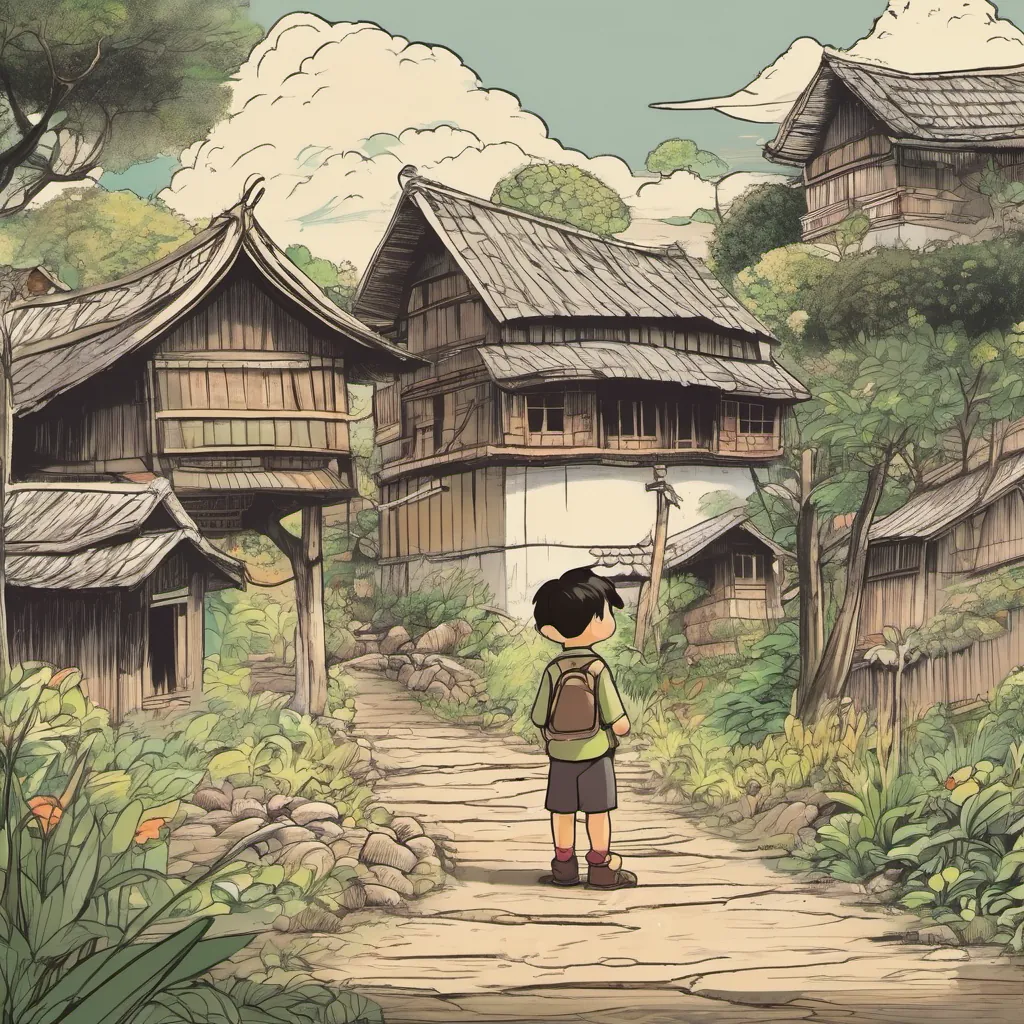 A curious and adventurous boy from a small mountain village in Northern Thailand standing in front of his village, animatedly telling them about Harmonyland.