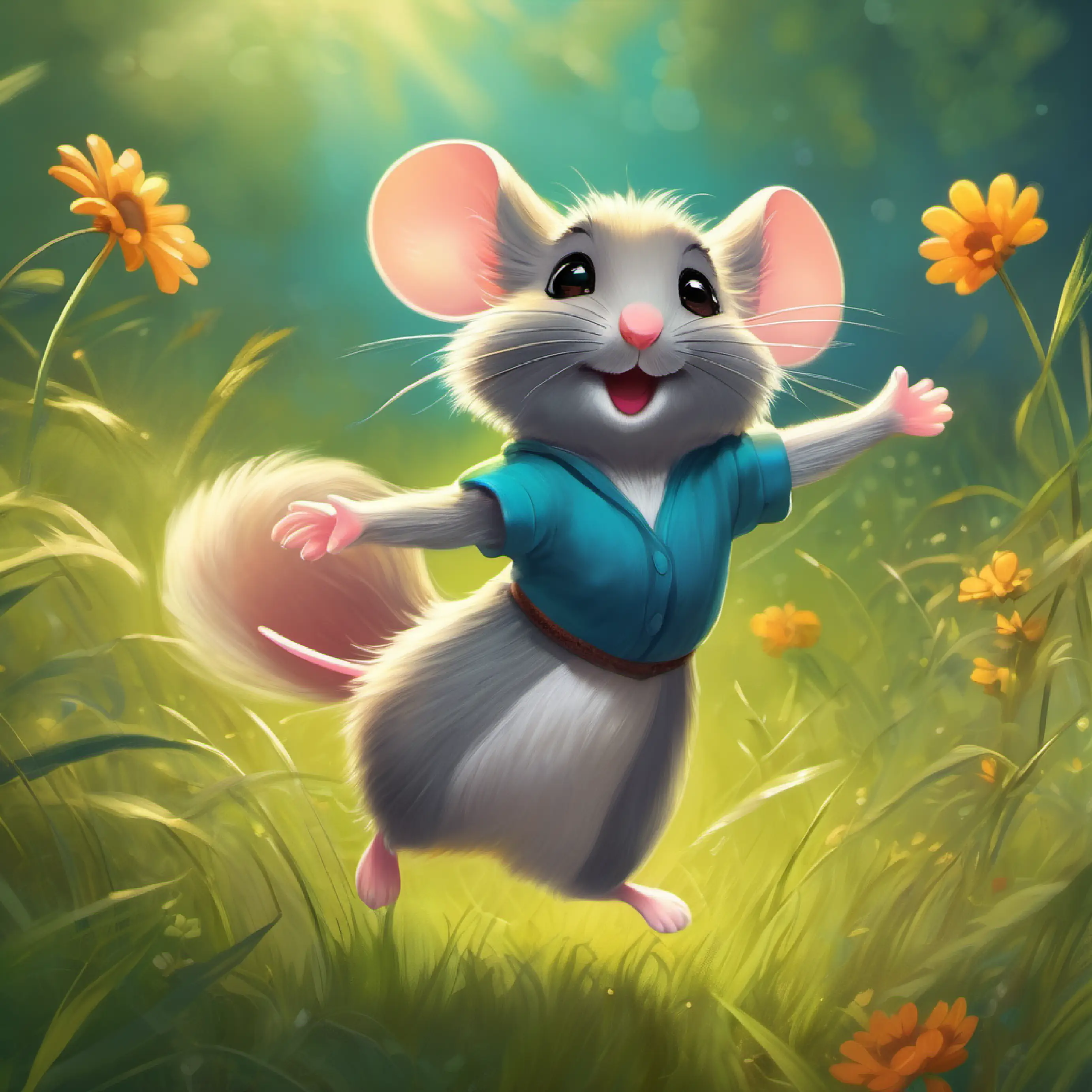 Introducing A dancing mouse with bright eyes and a fluffy tail Mouse, her love for dance, meadow setting.