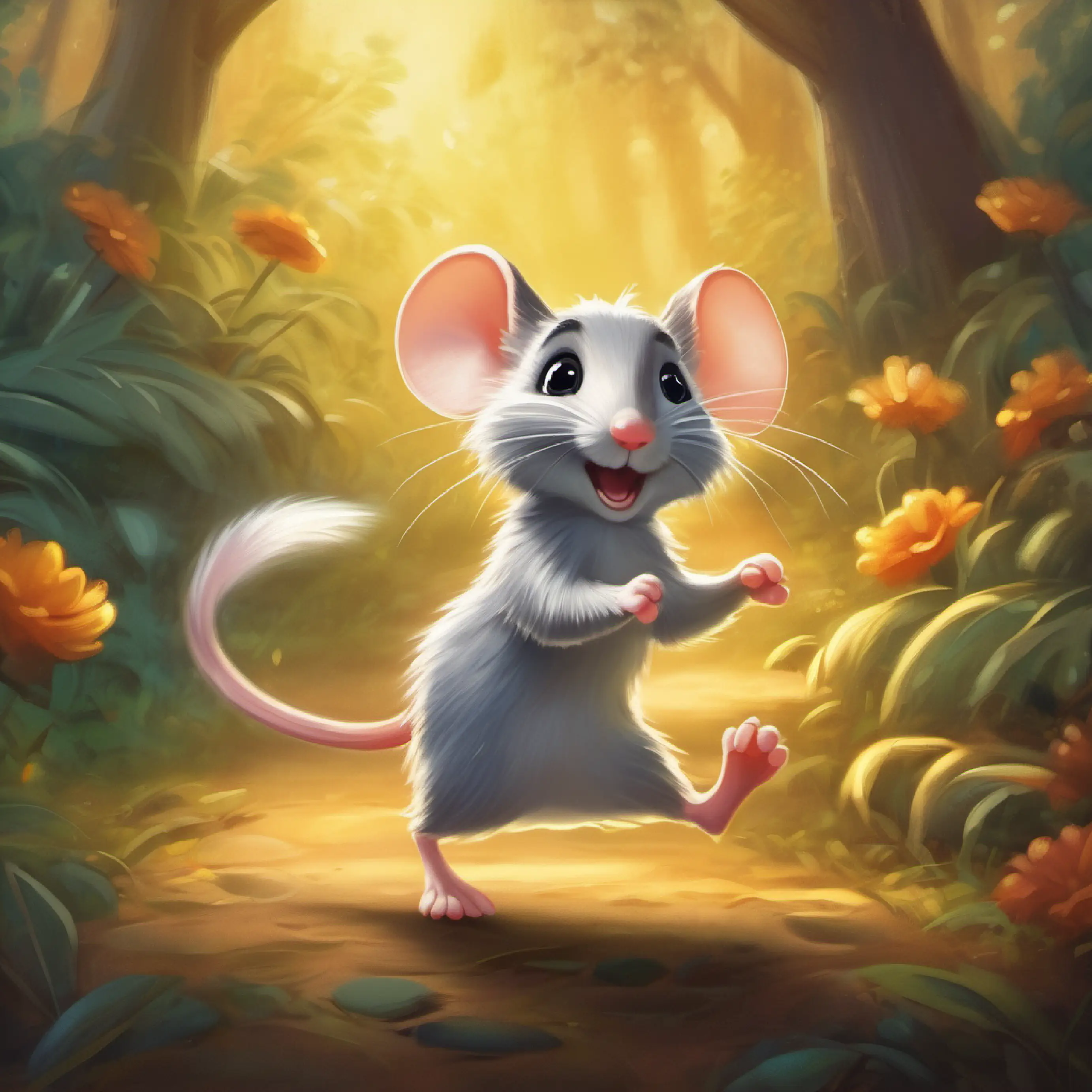 A dancing mouse with bright eyes and a fluffy tail finds a cent during her dance.