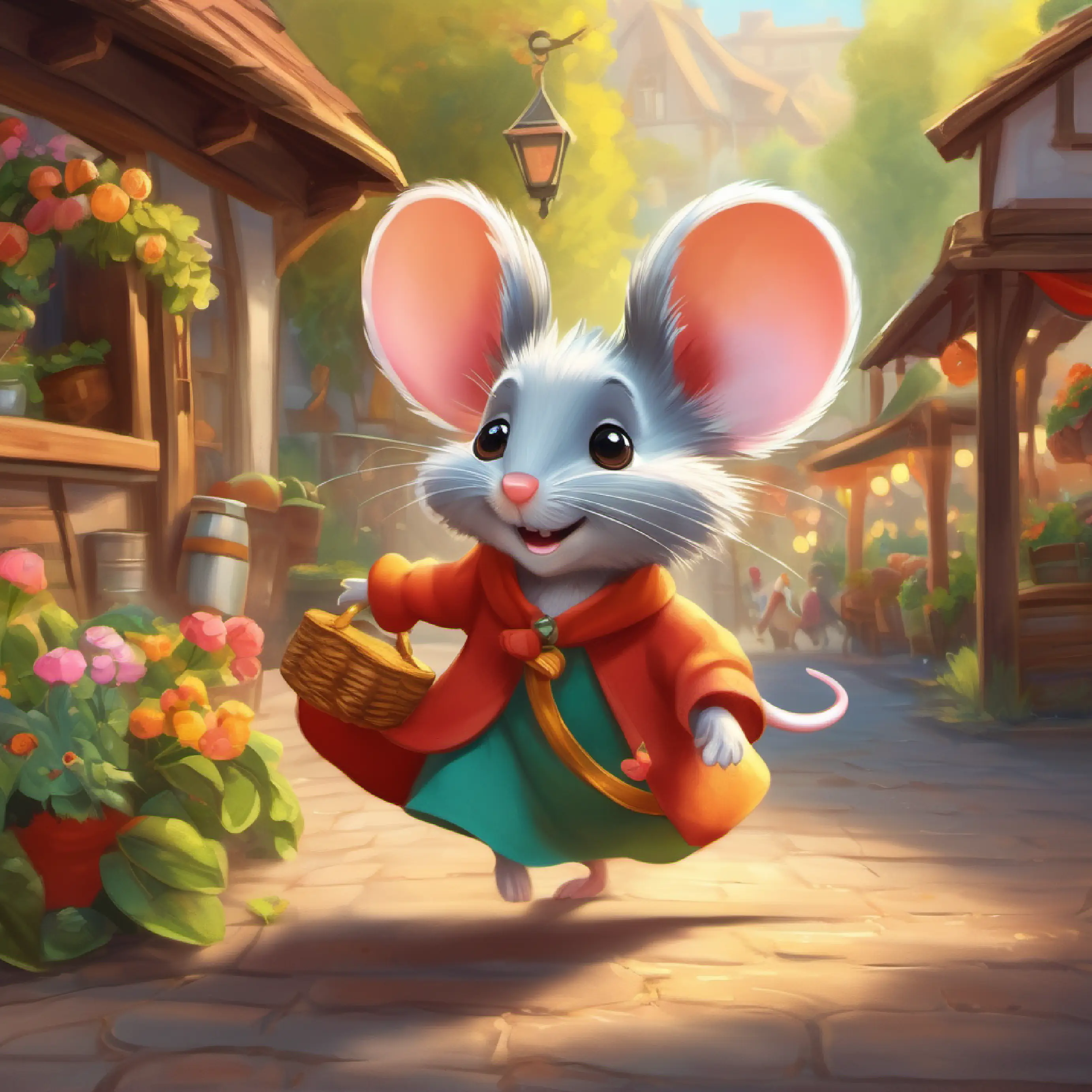 A dancing mouse with bright eyes and a fluffy tail wants a new dress, travels towards the market.