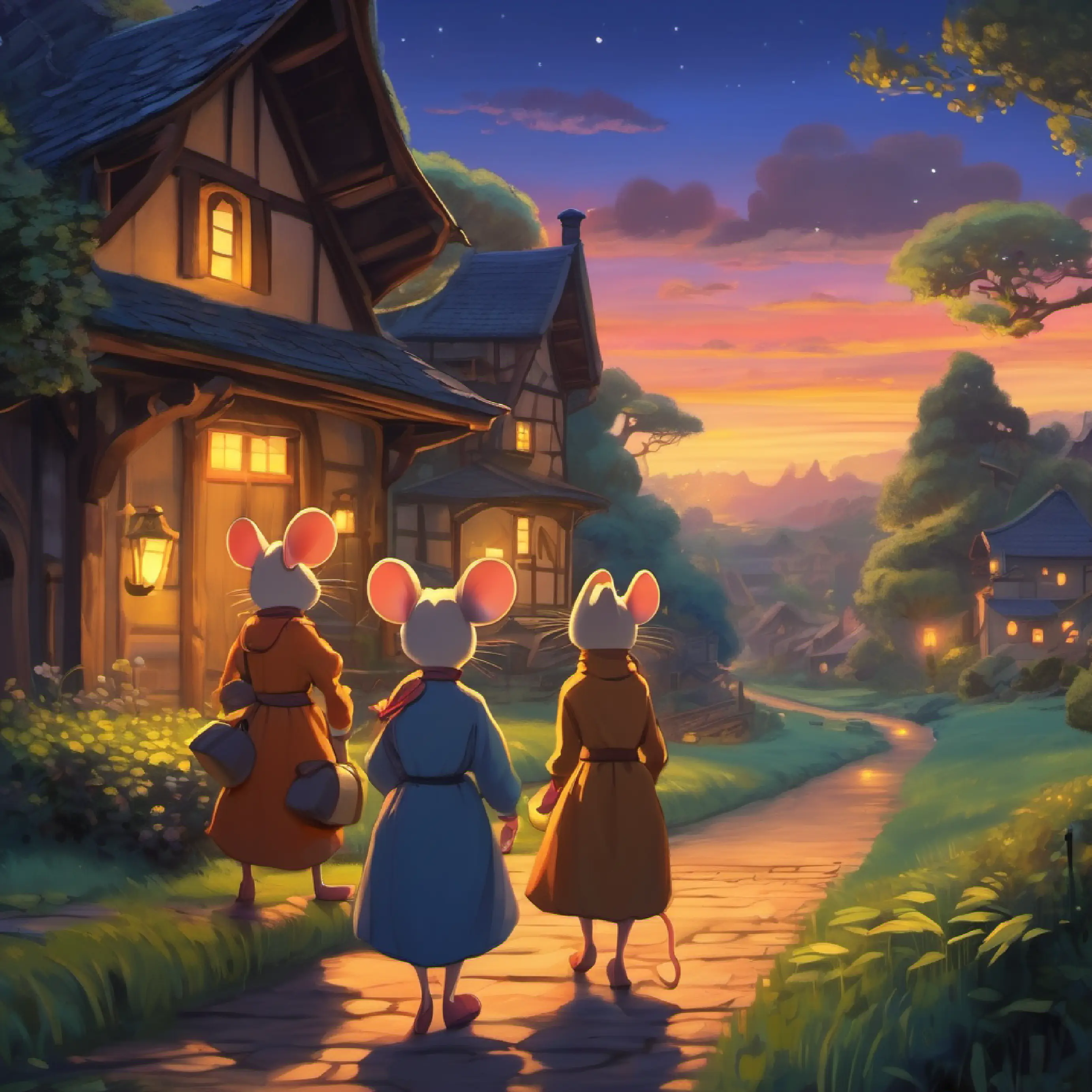 The mouse sisters return home as night comes.