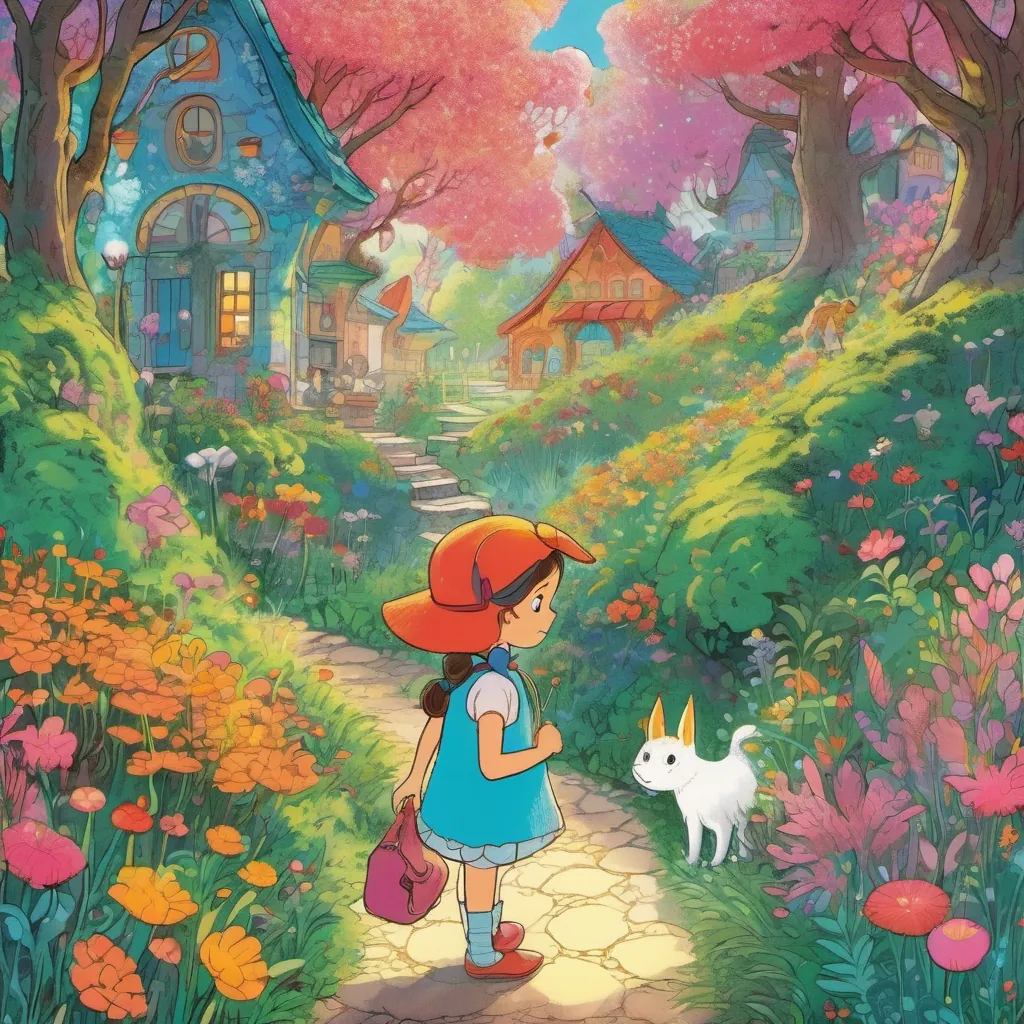 A vibrant, whimsical village with blooming flowers and a little girl named A young girl with sparkling eyes and an aura of magic, standing in a vibrant forest as she converses with animals with sparkling eyes, in a Dr. Seuss-inspired art style.