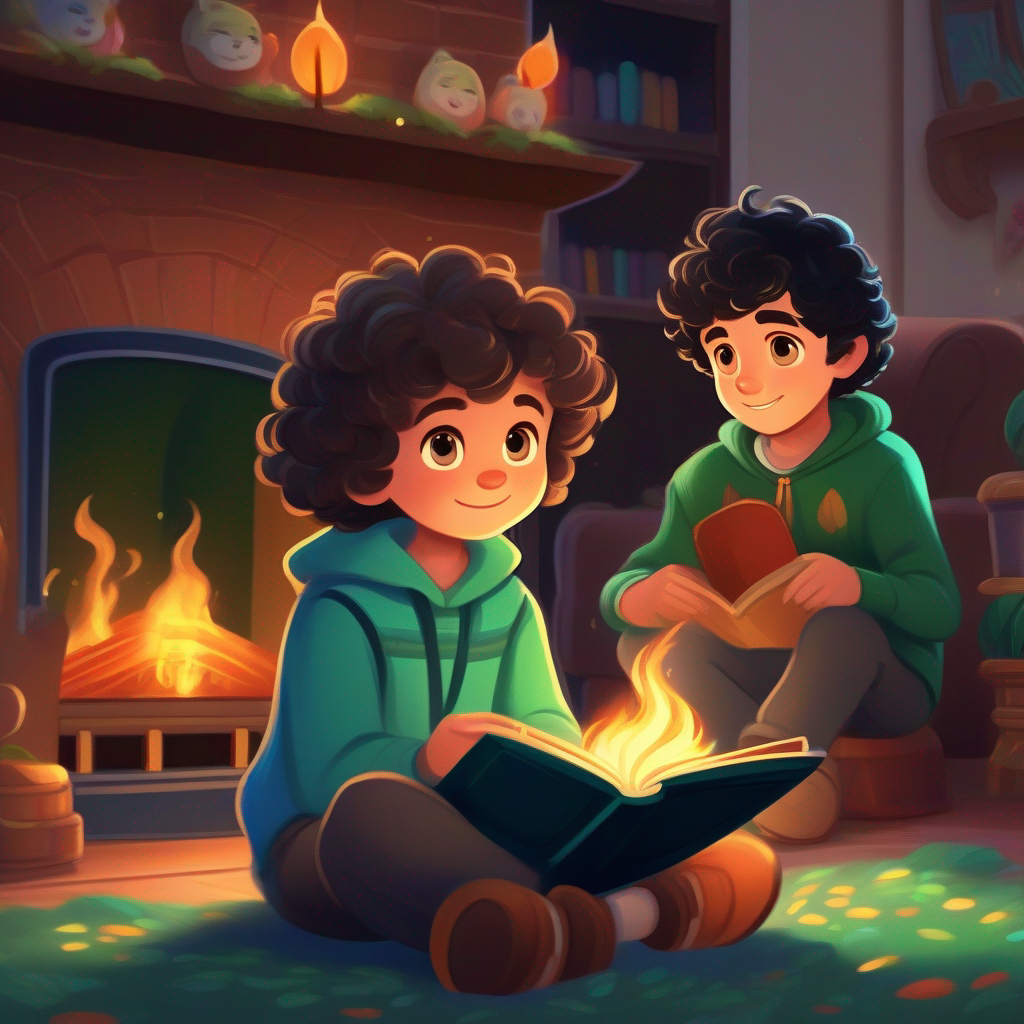 Lily - adventurous girl with curly brown hair and bright blue eyes and Leo - curious boy with messy black hair and sparkling green eyes sitting by the fireplace, grandma telling a story