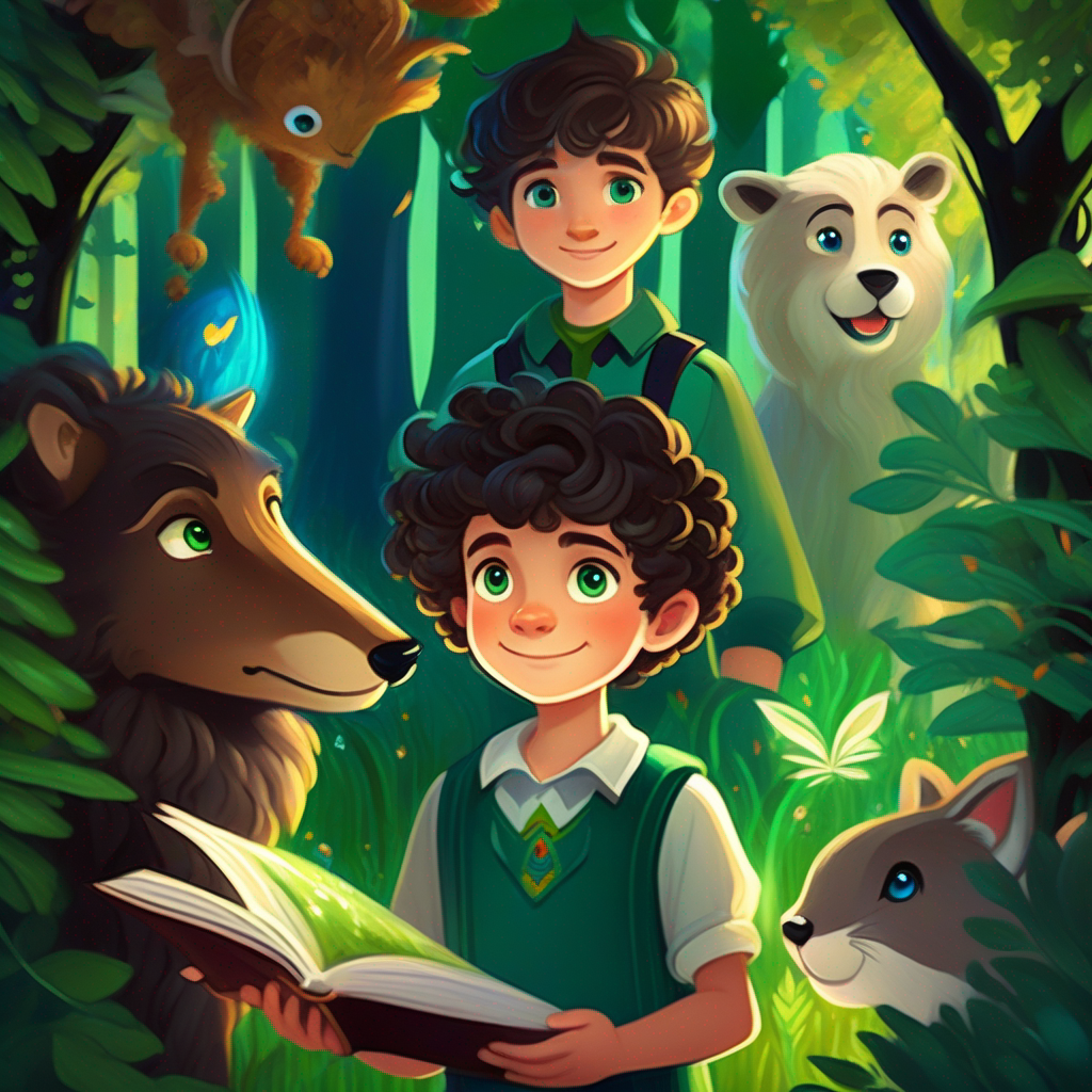 Lily - adventurous girl with curly brown hair and bright blue eyes, Leo - curious boy with messy black hair and sparkling green eyes, and grandma with the magical book, forest scene with animals