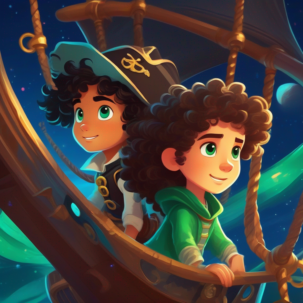 Lily - adventurous girl with curly brown hair and bright blue eyes and Leo - curious boy with messy black hair and sparkling green eyes sailing on a pirate ship, exploring pyramids, and flying in space