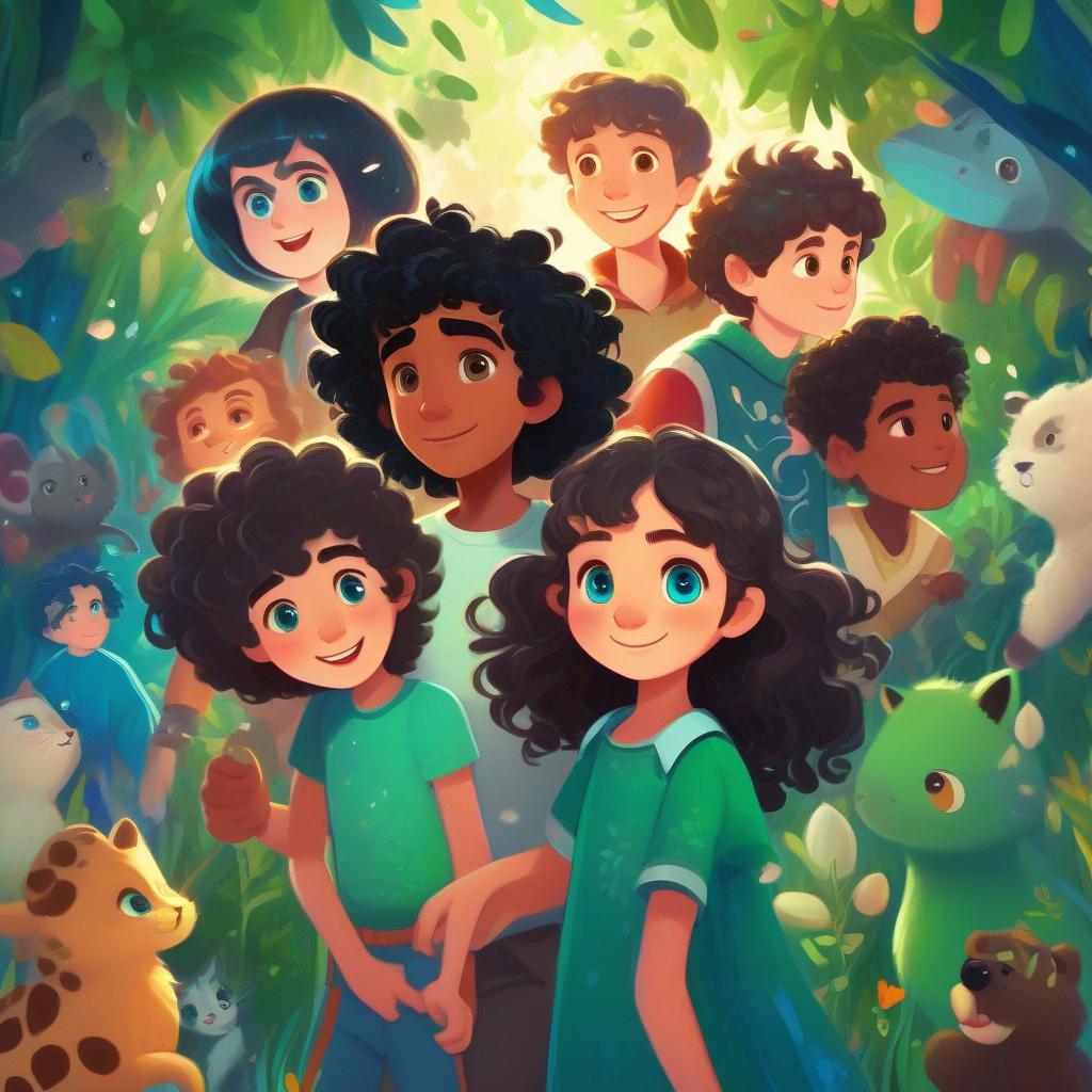 Lily - adventurous girl with curly brown hair and bright blue eyes and Leo - curious boy with messy black hair and sparkling green eyes surrounded by their created characters, sharing stories with others