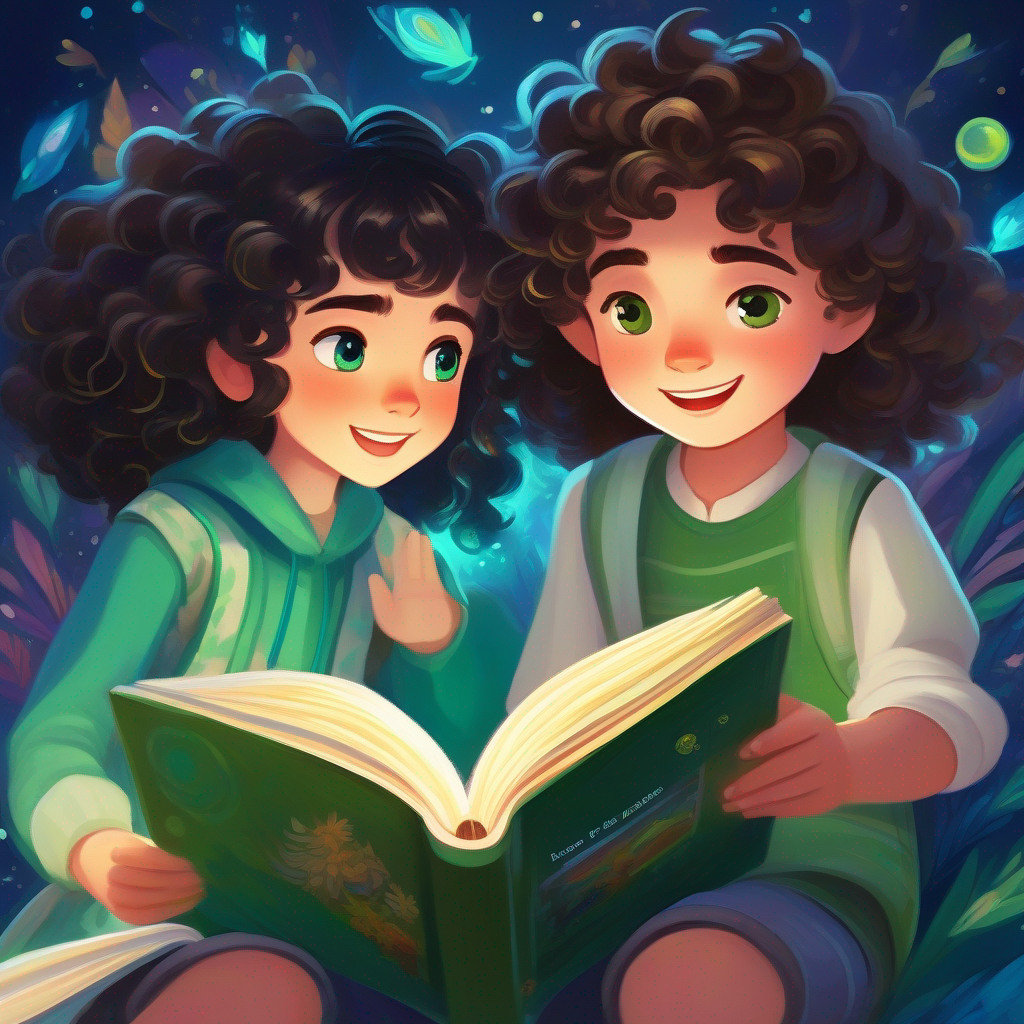 Lily - adventurous girl with curly brown hair and bright blue eyes and Leo - curious boy with messy black hair and sparkling green eyes reading a book together, filled with excitement