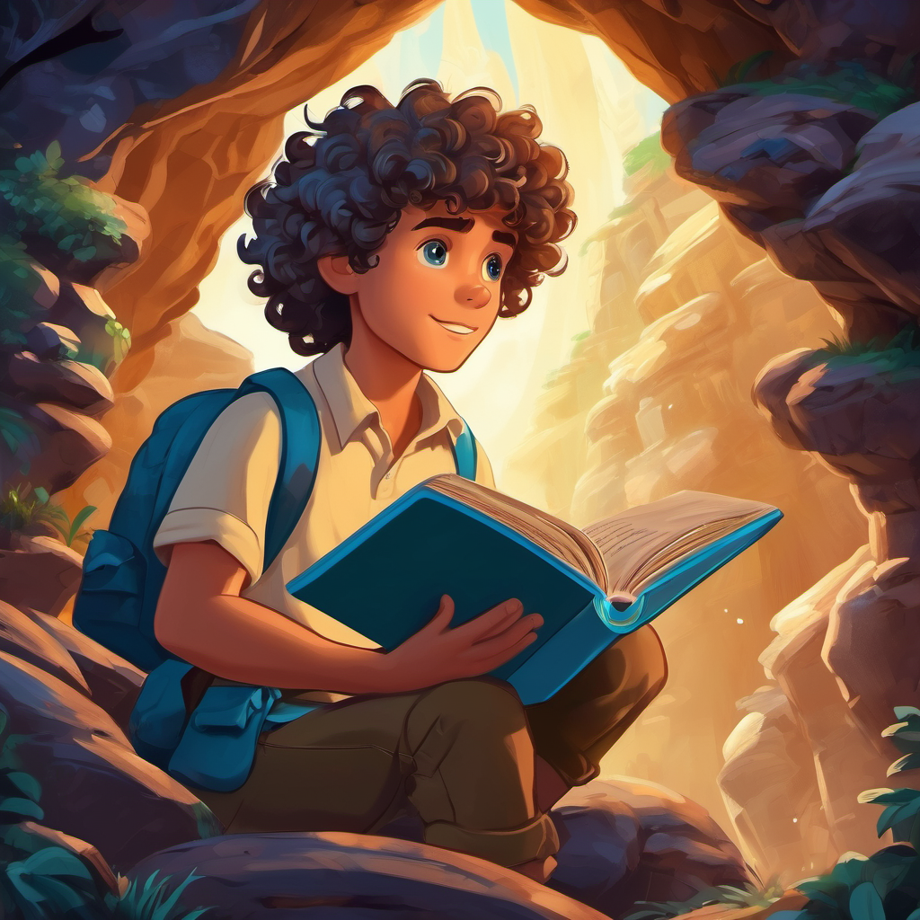 Curly hair, blue eyes with curly hair and blue eyes finding a magical book in a cave.