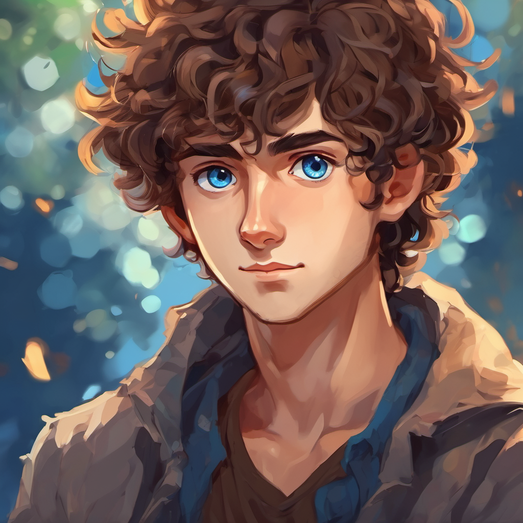 Messy brown hair, sad eyes with messy brown hair and sad eyes, asking Curly hair, blue eyes for magic to make him popular.