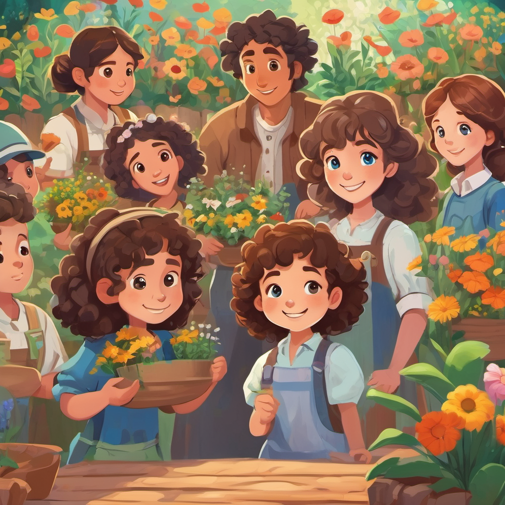 Curly hair, blue eyes and Messy brown hair, sad eyes painting a mural, planting flowers, and organizing a talent show, with villagers smiling and applauding.