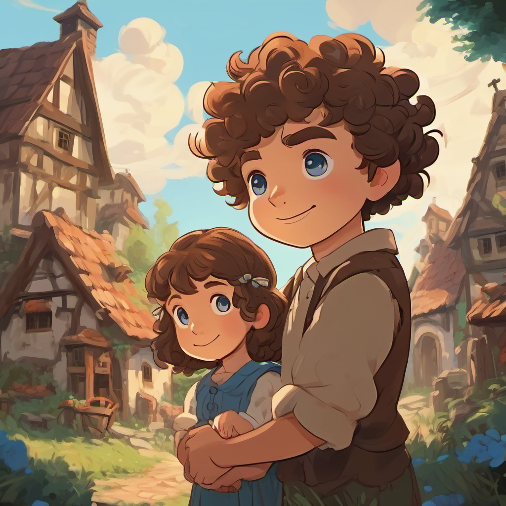 Curly hair, blue eyes and Messy brown hair, sad eyes holding hands, surrounded by smiling villagers.