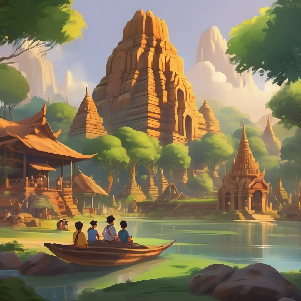 A vibrant illustration of the land of Ayutthaya with lush green forests, ancient temples, and villagers sitting around a campfire, telling stories.