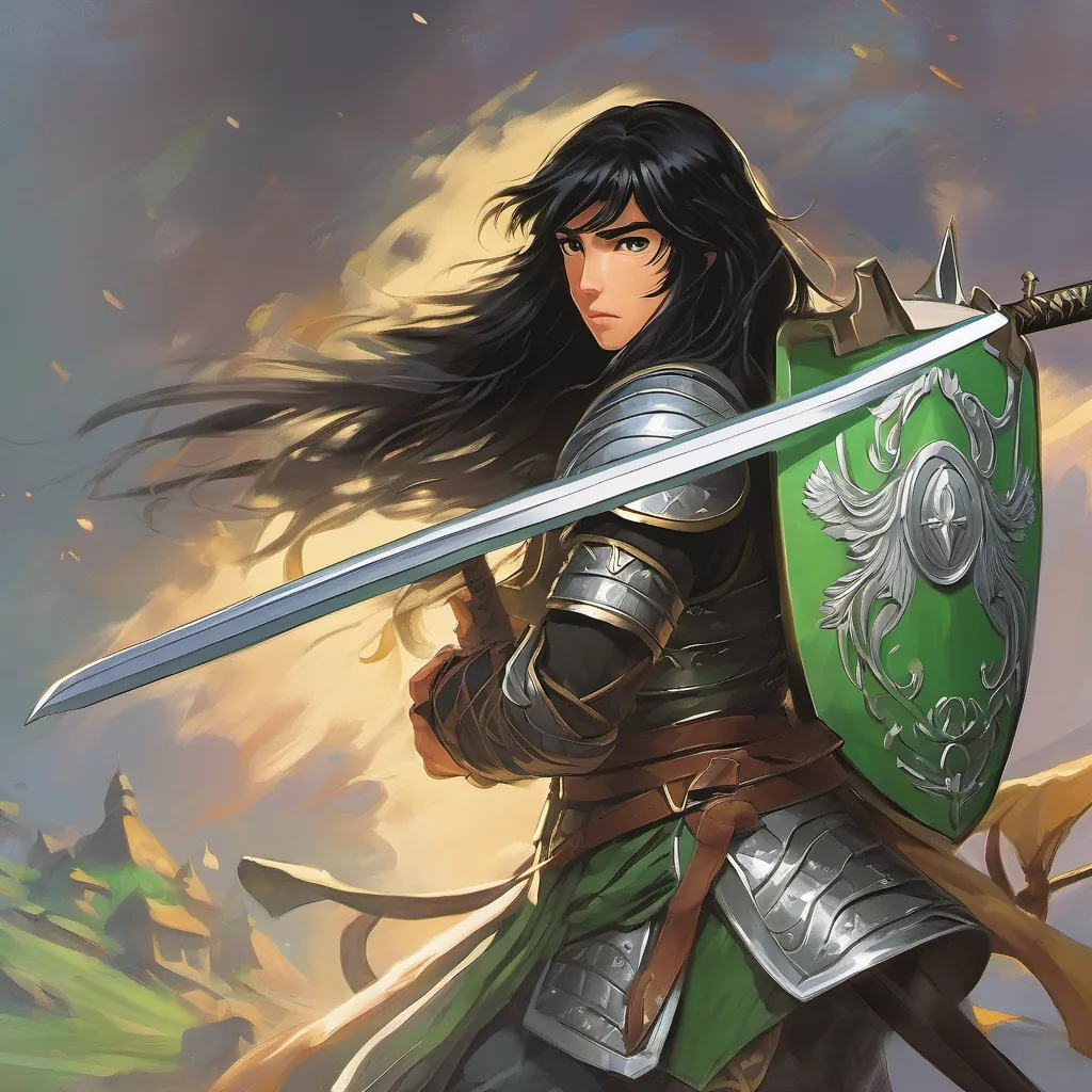 A young warrior named A brave 20-year-old warrior named Kla with long black hair, bright green eyes, wearing leather armor and holding a large sword with long black hair, bright green eyes, wearing leather armor and holding a large sword.