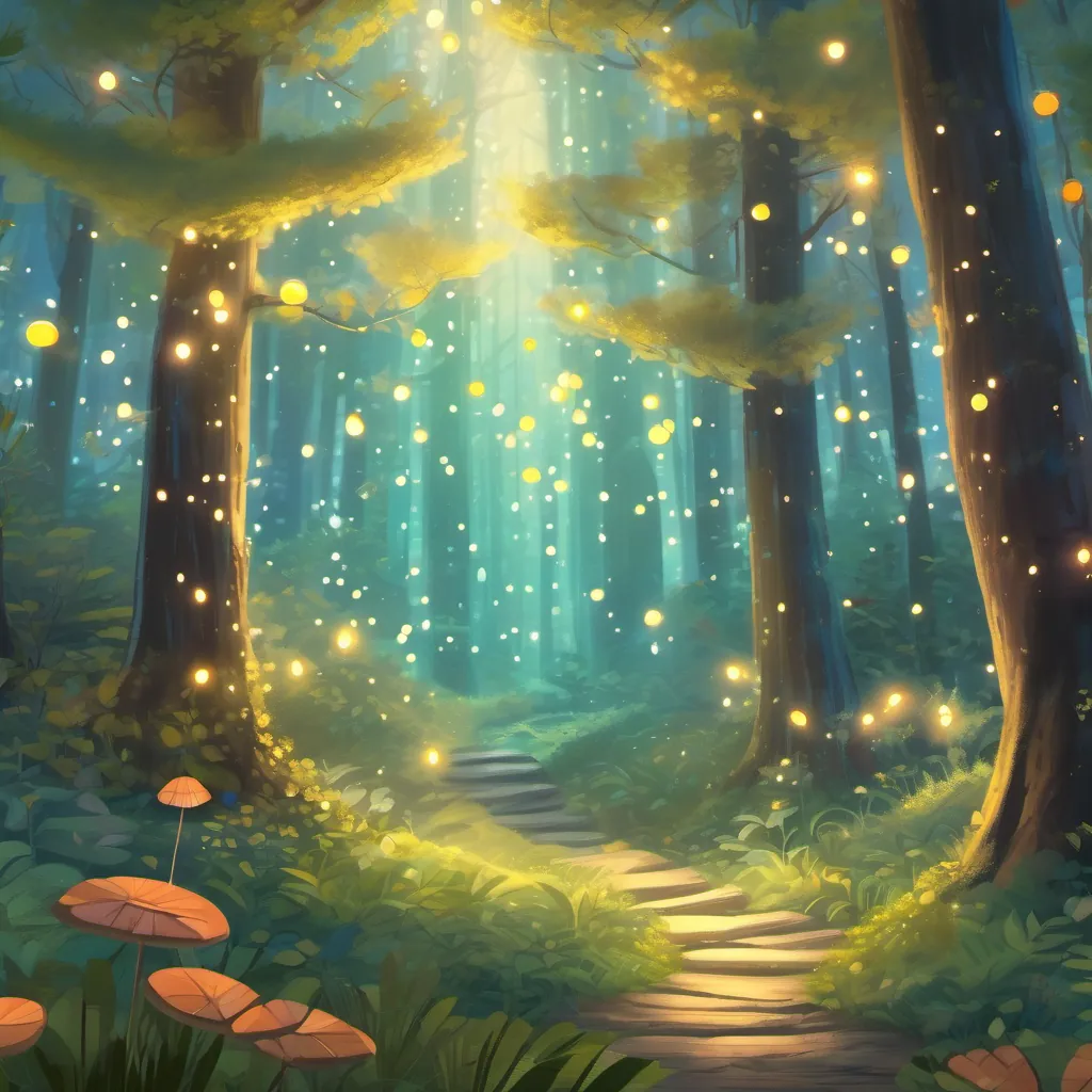 A whimsical forest glowing with fireflies, sparkling magical dust, and whispering trees.