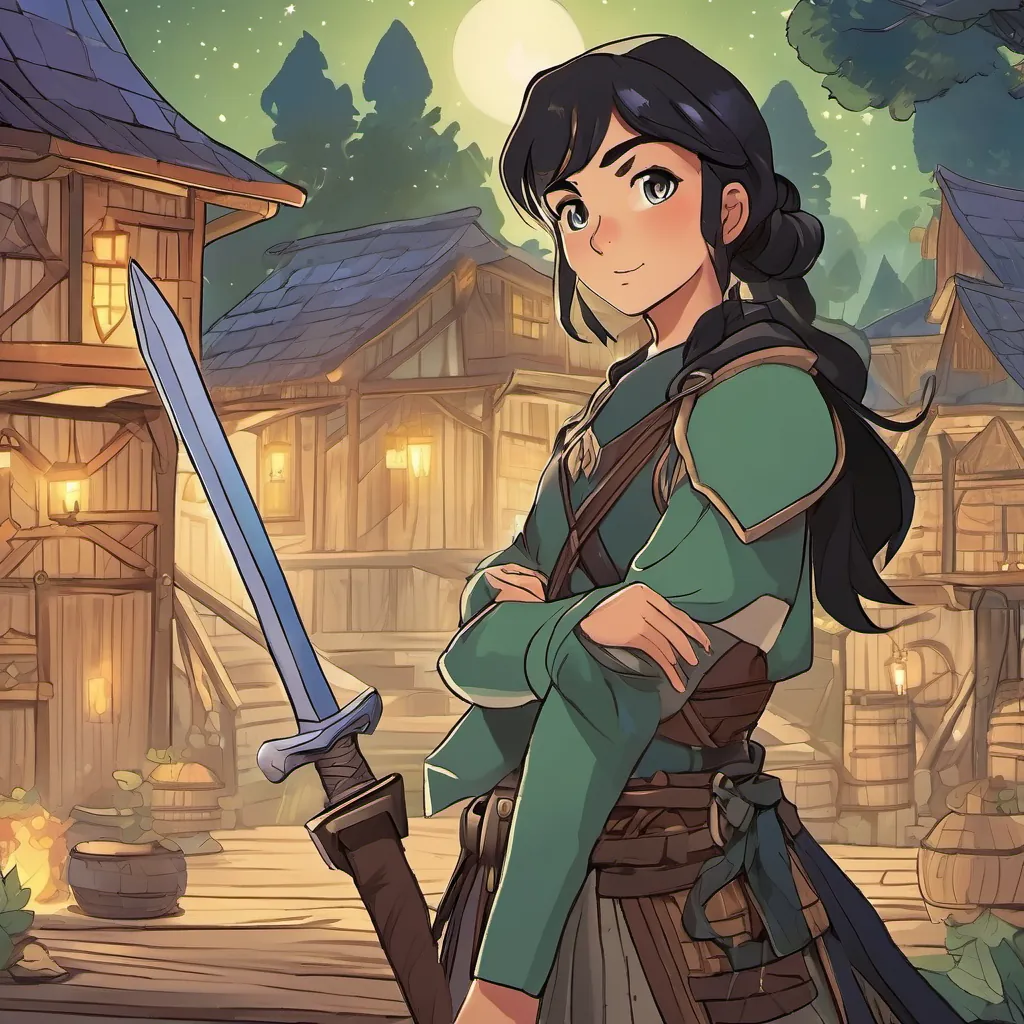 Nighttime camp scene with A brave 20-year-old warrior named Kla with long black hair, bright green eyes, wearing leather armor and holding a large sword standing guard, An 18-year-old girl with long dark brown hair, blue eyes, wearing a silk dress and holding a spellbook practicing spells, and A 22-year-old merchant's daughter with short black hair, brown eyes, wearing sturdy combat clothing telling stories under a starry sky.