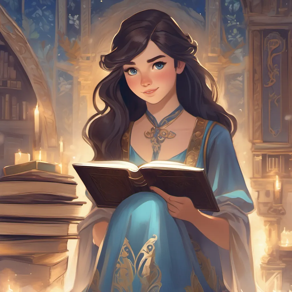 A young girl named An 18-year-old girl with long dark brown hair, blue eyes, wearing a silk dress and holding a spellbook with long dark brown hair, blue eyes, wearing a silk dress and holding a spellbook.