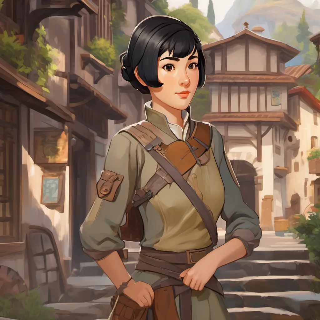 A young woman named A 22-year-old merchant's daughter with short black hair, brown eyes, wearing sturdy combat clothing with short black hair, brown eyes, wearing sturdy combat clothing.