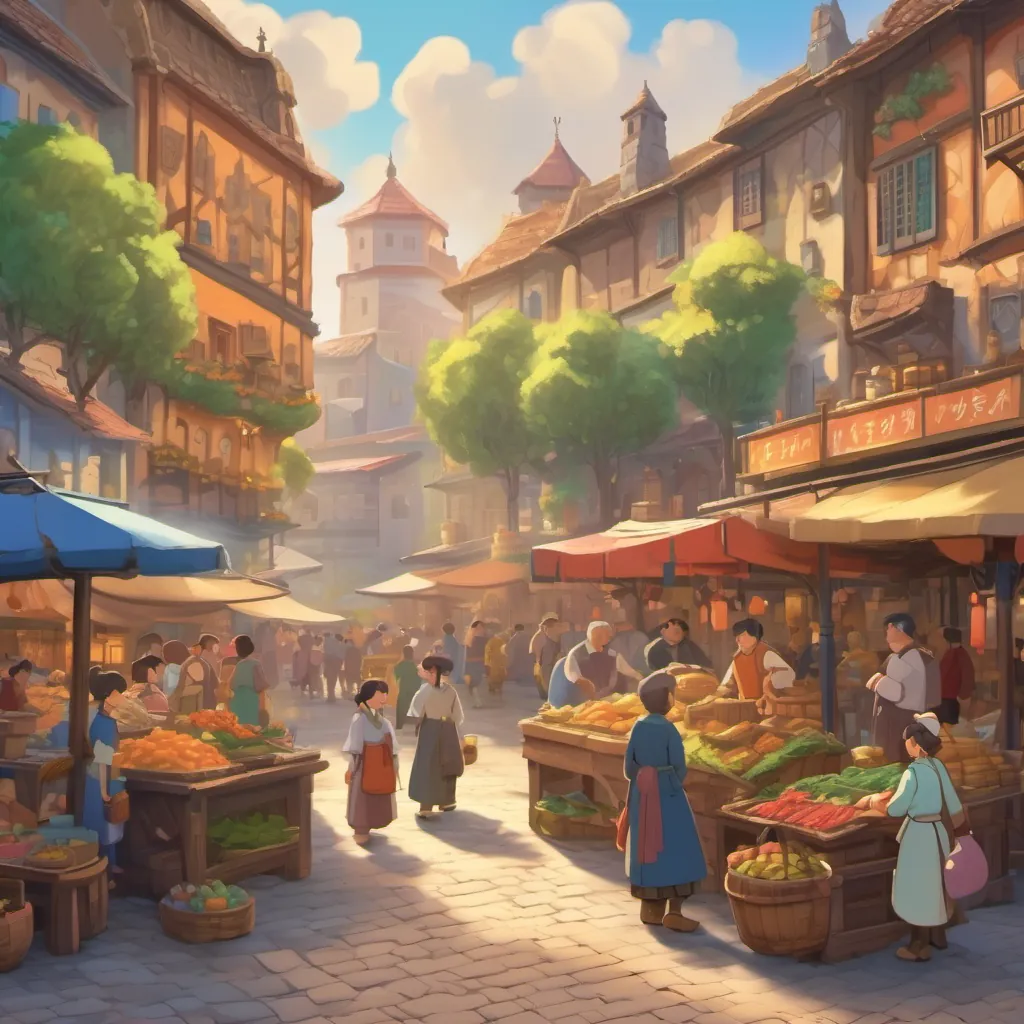 The bustling market square with villagers, colorful stalls, and the three main characters meeting in the center.