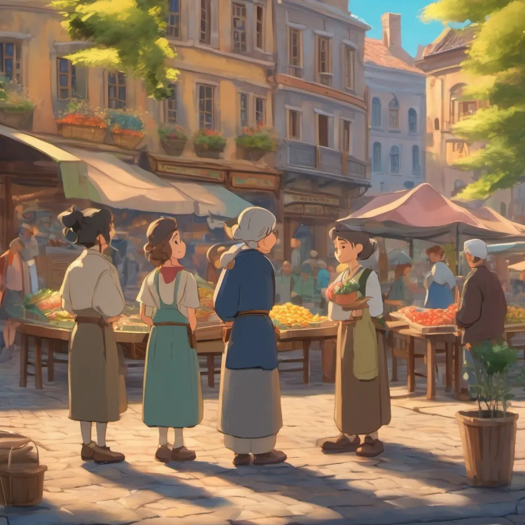 The three characters sharing a moment of determination and unity in the market square.