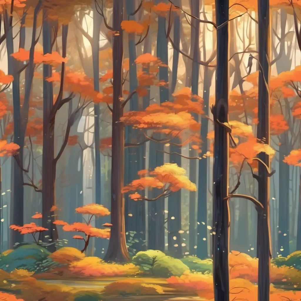 A mysterious and enchanted forest with tall, ancient trees, birds, and glowing lights.