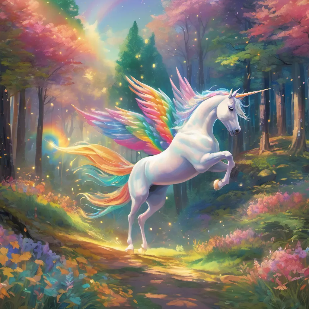 A shimmering, winged unicorn that sparkles like a rainbow appearing in the forest.