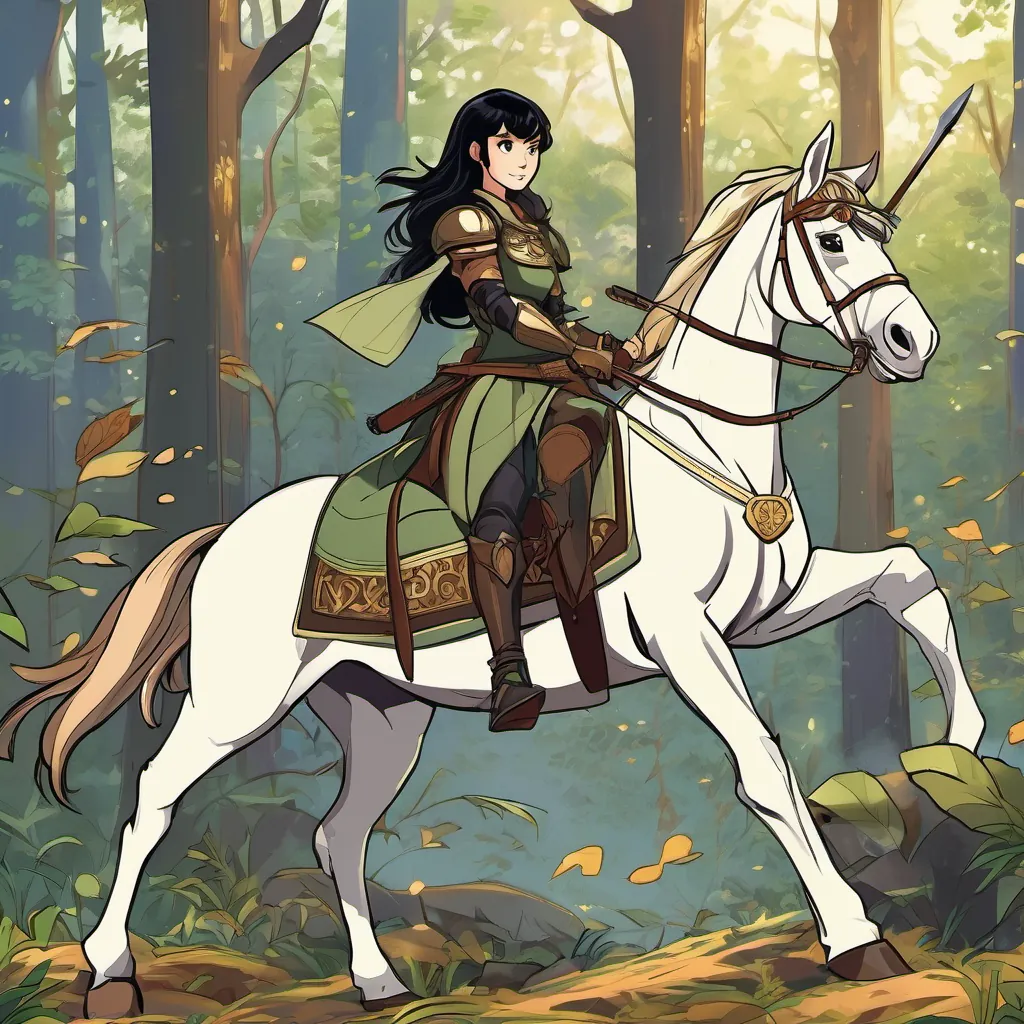 The unicorn flying into the sky leading A brave 20-year-old warrior named Kla with long black hair, bright green eyes, wearing leather armor and holding a large sword, An 18-year-old girl with long dark brown hair, blue eyes, wearing a silk dress and holding a spellbook, and A 22-year-old merchant's daughter with short black hair, brown eyes, wearing sturdy combat clothing deeper into the forest.
