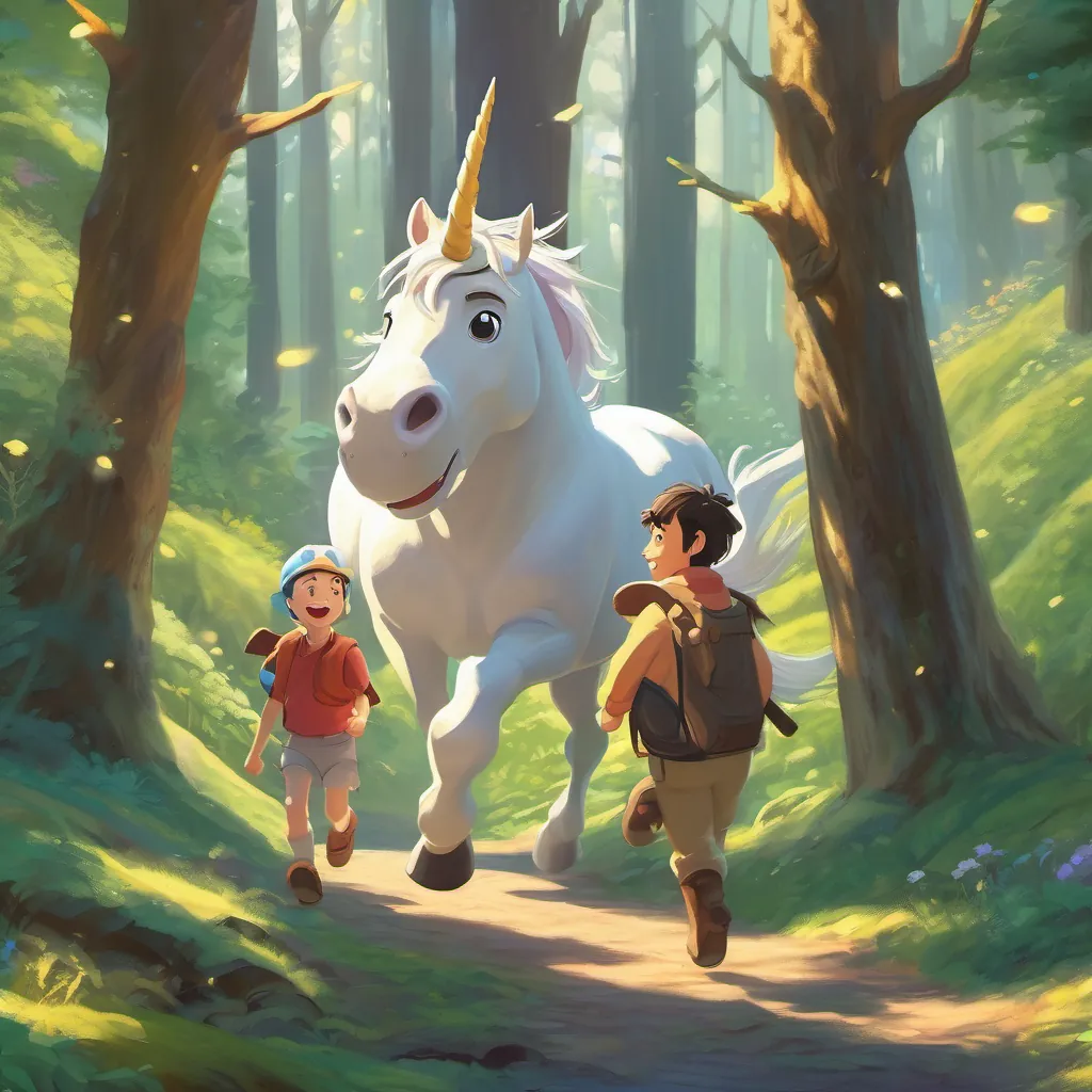 The three main characters with excited expressions following the unicorn into the deeper forest, showing the beginning of their great adventure.