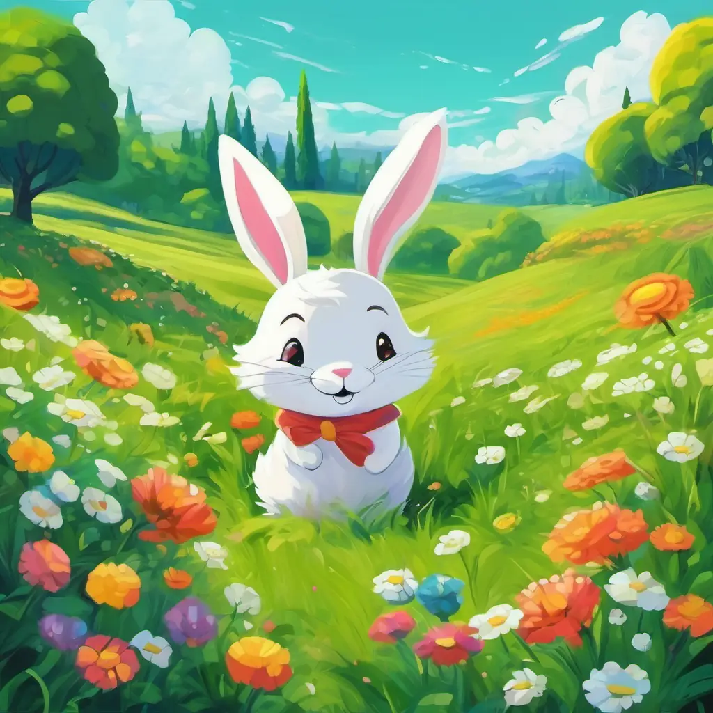 A green meadow filled with colorful flowers and a bunny with floppy ears and a happy face.