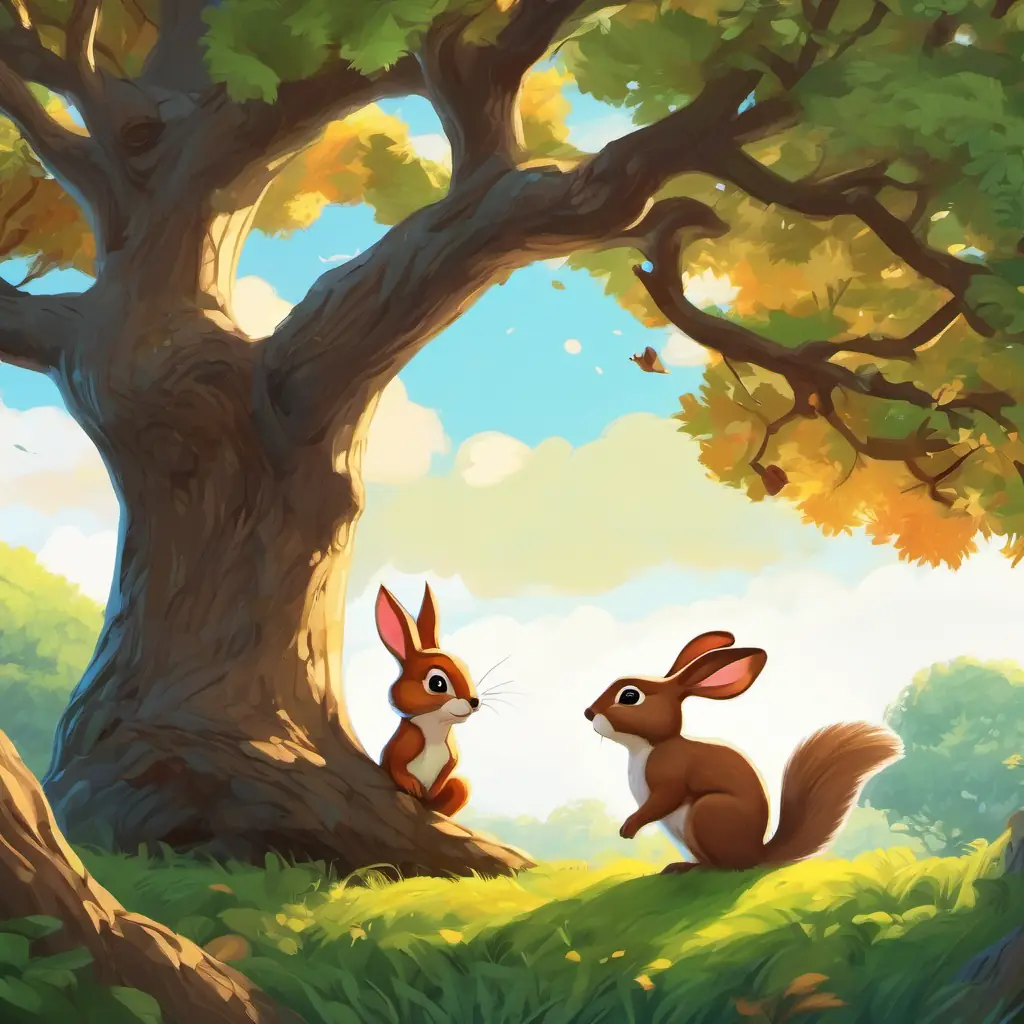 A tall oak tree with a squirrel sitting on a branch, and a bunny with floppy ears and a curious expression.