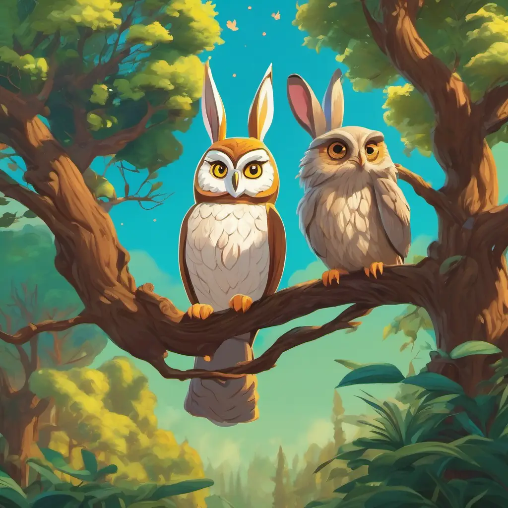 A tall tree with a wise-looking owl perched on a branch, and a bunny with floppy ears and an eager expression.